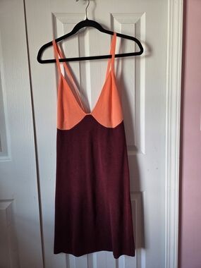 Free People Two-Tone Midi Slip Dress in Coral and Burgundy